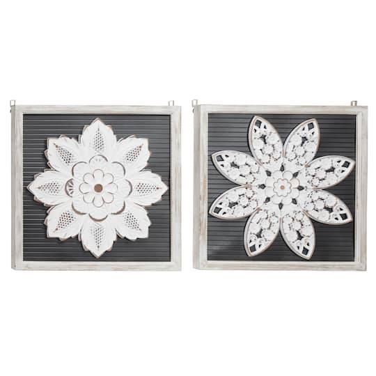 Set of 2 White Wood Traditional Floral Wall Decor, 18" x 18"